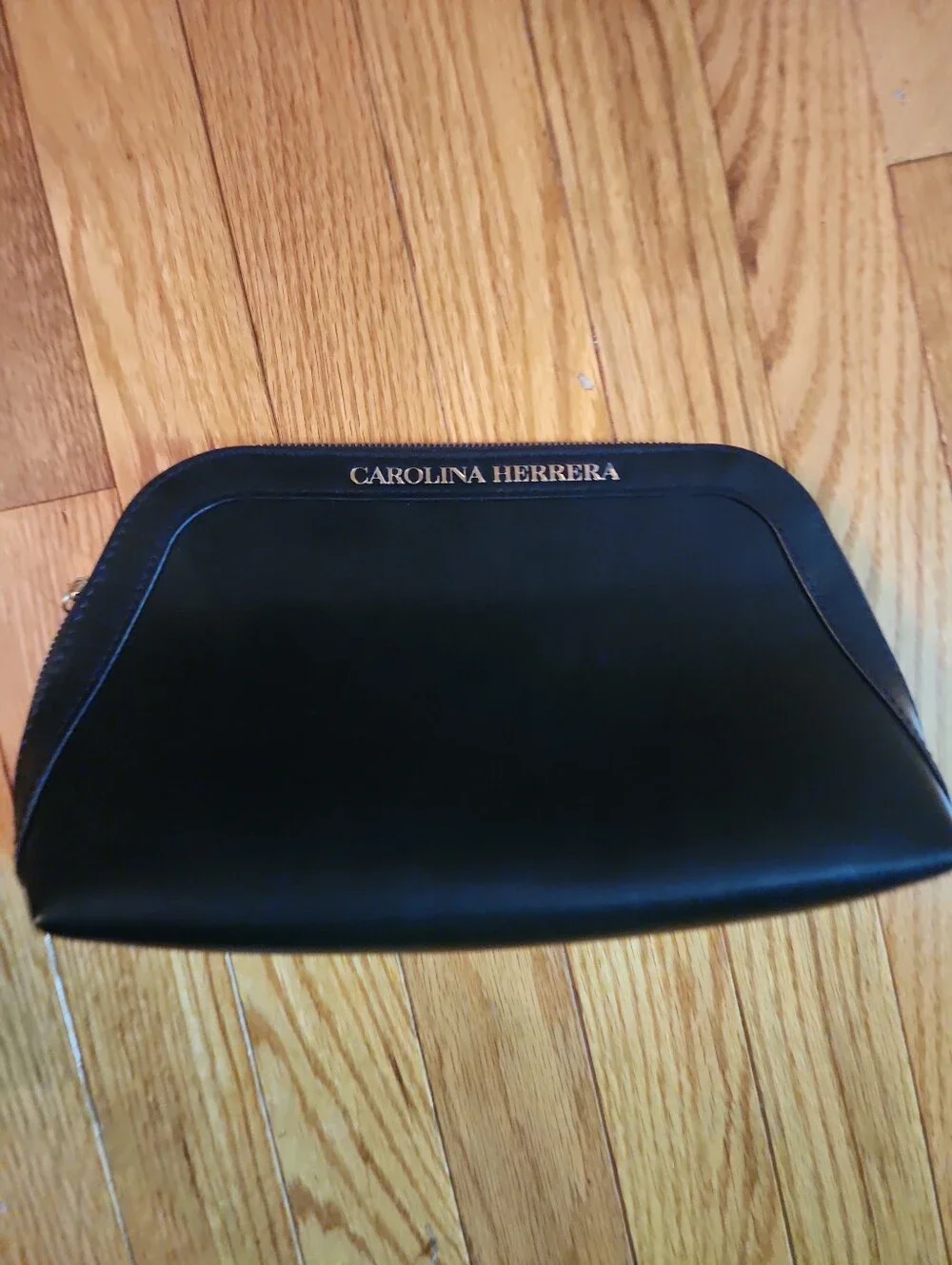 Carolina Herrera Black Leather Women's Toiletry Pouch with Gold Zip